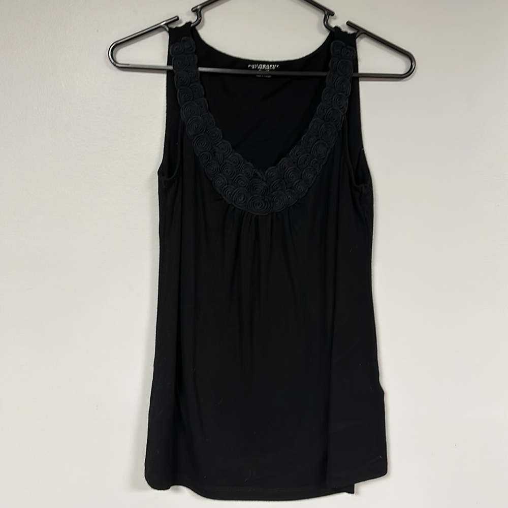PHILOSOPHY Black Tank With 'embordered' neckline,  Sz XS, stretchy spandex blend